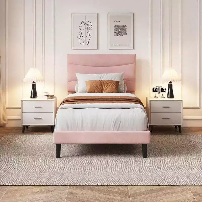 Upholstered Platform Bed Frame with Curved Headboard, MDF and Wood Slat Support, Noise-Free, No Box Spring Needed, Easy Assembly