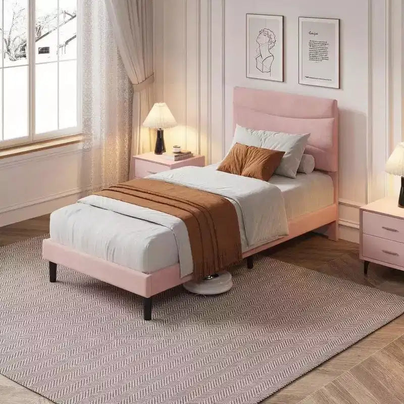Upholstered Platform Bed Frame with Curved Headboard, MDF and Wood Slat Support, Noise-Free, No Box Spring Needed, Easy Assembly