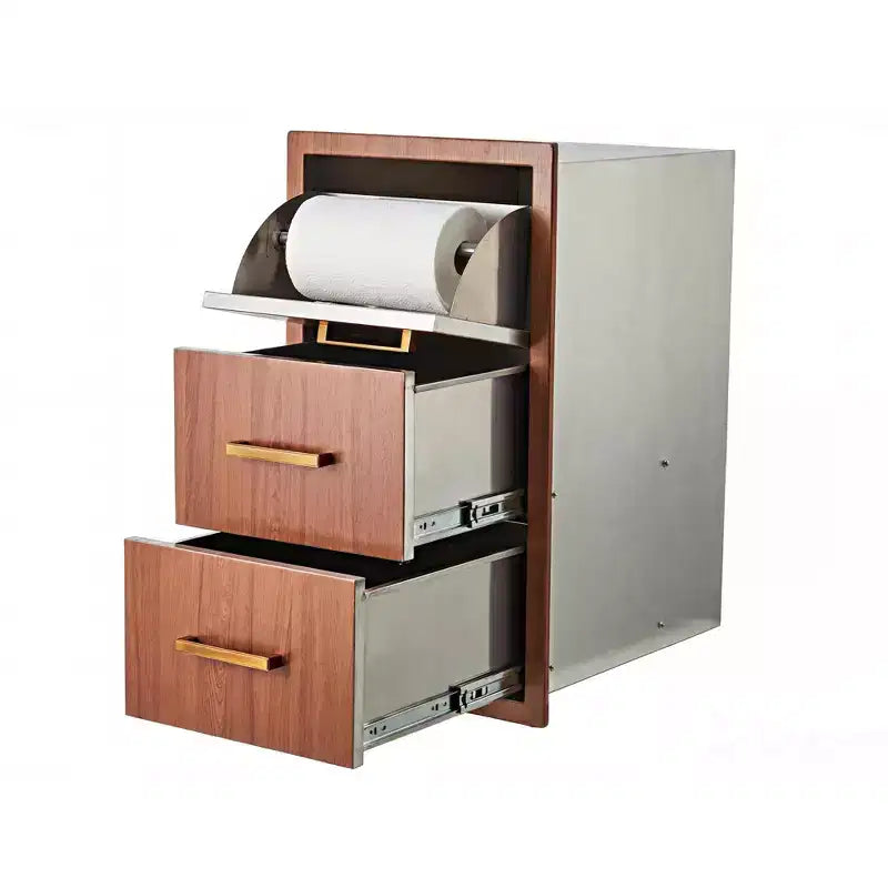 Superior Stainless Steel Triple Drawer Outdoor Kitchen, Built-in Paper Towel Holder, Weatherproof Flush Mount Storage Cabinet 17W x 30H x 21D