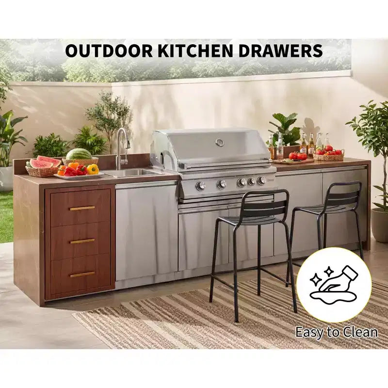 Superior Stainless Steel Triple Drawer Outdoor Kitchen, Built-in Paper Towel Holder, Weatherproof Flush Mount Storage Cabinet 17W x 30H x 21D