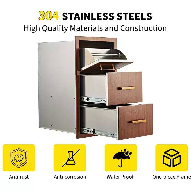 Superior Stainless Steel Triple Drawer Outdoor Kitchen, Built-in Paper Towel Holder, Weatherproof Flush Mount Storage Cabinet 17W x 30H x 21D