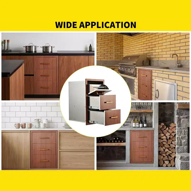 Superior Stainless Steel Triple Drawer Outdoor Kitchen, Built-in Paper Towel Holder, Weatherproof Flush Mount Storage Cabinet 17W x 30H x 21D