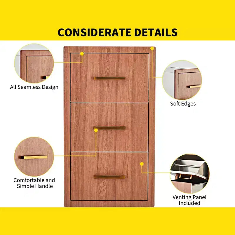 Superior Stainless Steel Triple Drawer Outdoor Kitchen, Built-in Paper Towel Holder, Weatherproof Flush Mount Storage Cabinet 17W x 30H x 21D