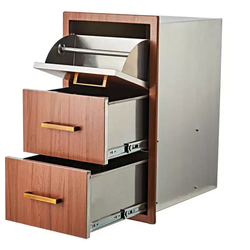 Superior Stainless Steel Triple Drawer Outdoor Kitchen, Built-in Paper Towel Holder, Weatherproof Flush Mount Storage Cabinet 17W x 30H x 21D