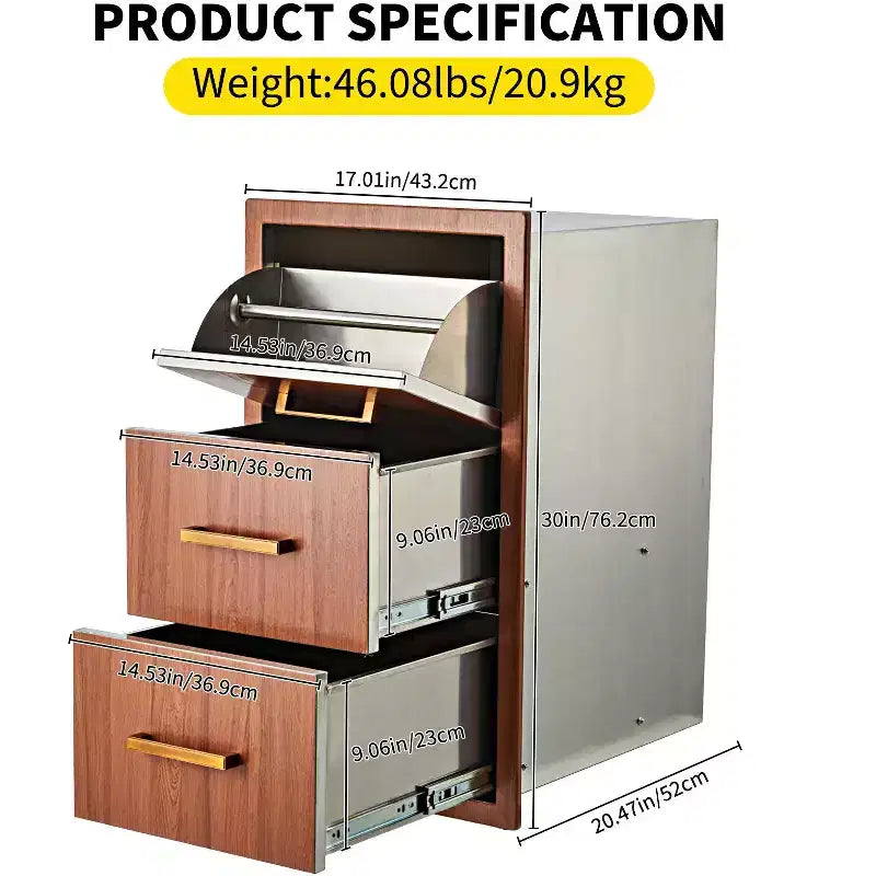 Superior Stainless Steel Triple Drawer Outdoor Kitchen, Built-in Paper Towel Holder, Weatherproof Flush Mount Storage Cabinet 17W x 30H x 21D