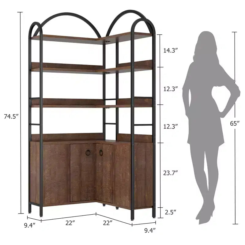 Garvee Corner Bookshelf with Storage, 74.5 Corner Bookcase with Cabinet, Arched L Shaped Bookshelf 6 Tier with Metal Frame for Living Room Bedroom