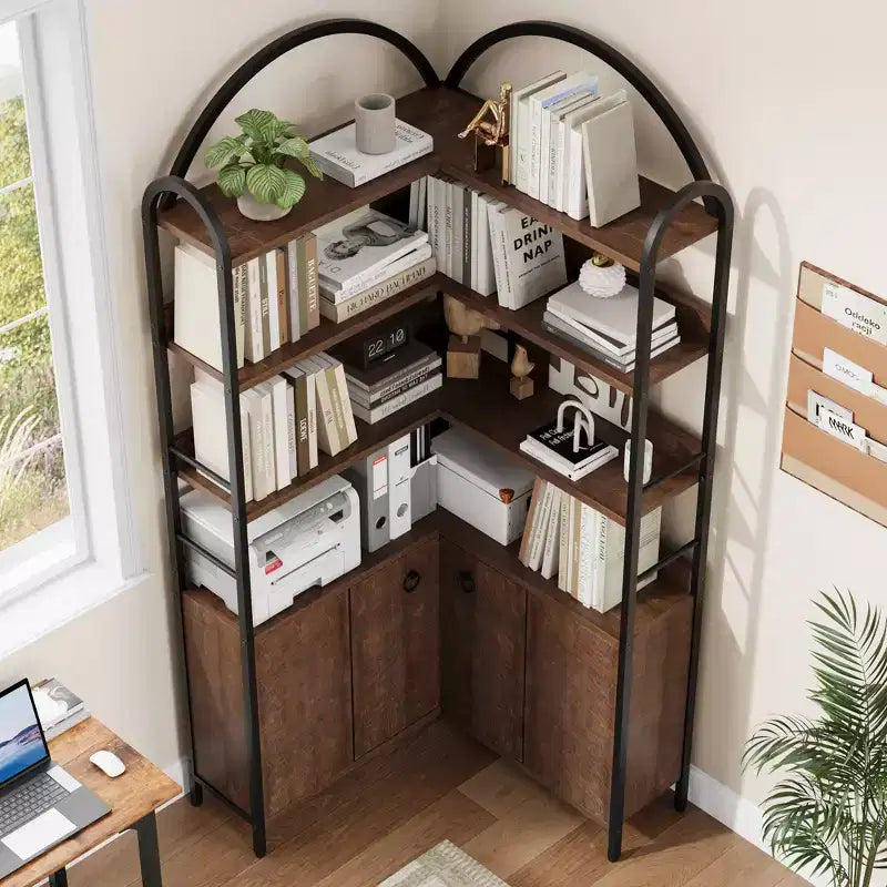 Garvee Corner Bookshelf with Storage, 74.5 Corner Bookcase with Cabinet, Arched L Shaped Bookshelf 6 Tier with Metal Frame for Living Room Bedroom