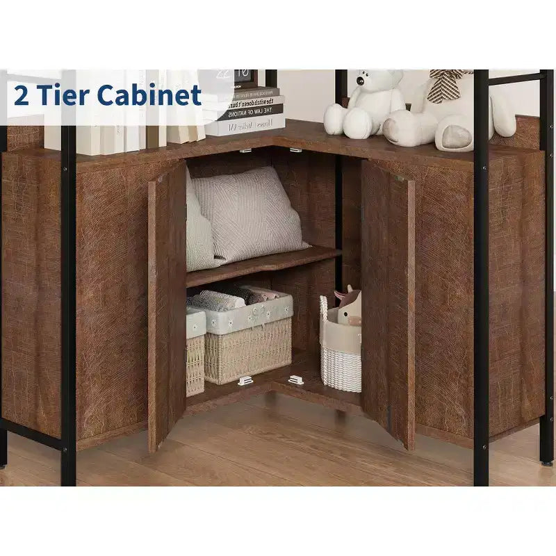 Garvee Corner Bookshelf with Storage, 74.5 Corner Bookcase with Cabinet, Arched L Shaped Bookshelf 6 Tier with Metal Frame for Living Room Bedroom