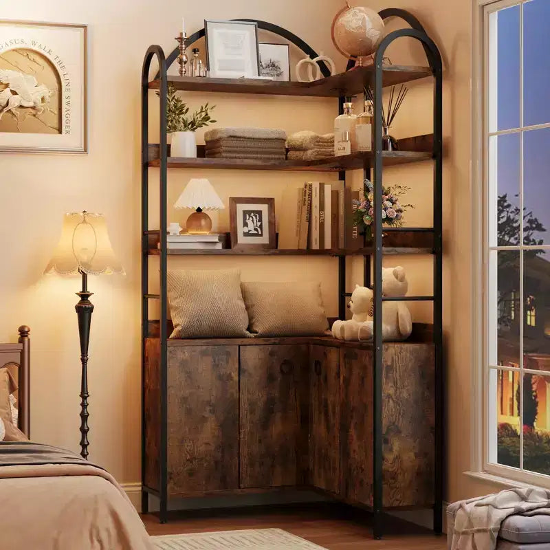 Garvee Corner Bookshelf with Storage, 74.5 Corner Bookcase with Cabinet, Arched L Shaped Bookshelf 6 Tier with Metal Frame for Living Room Bedroom