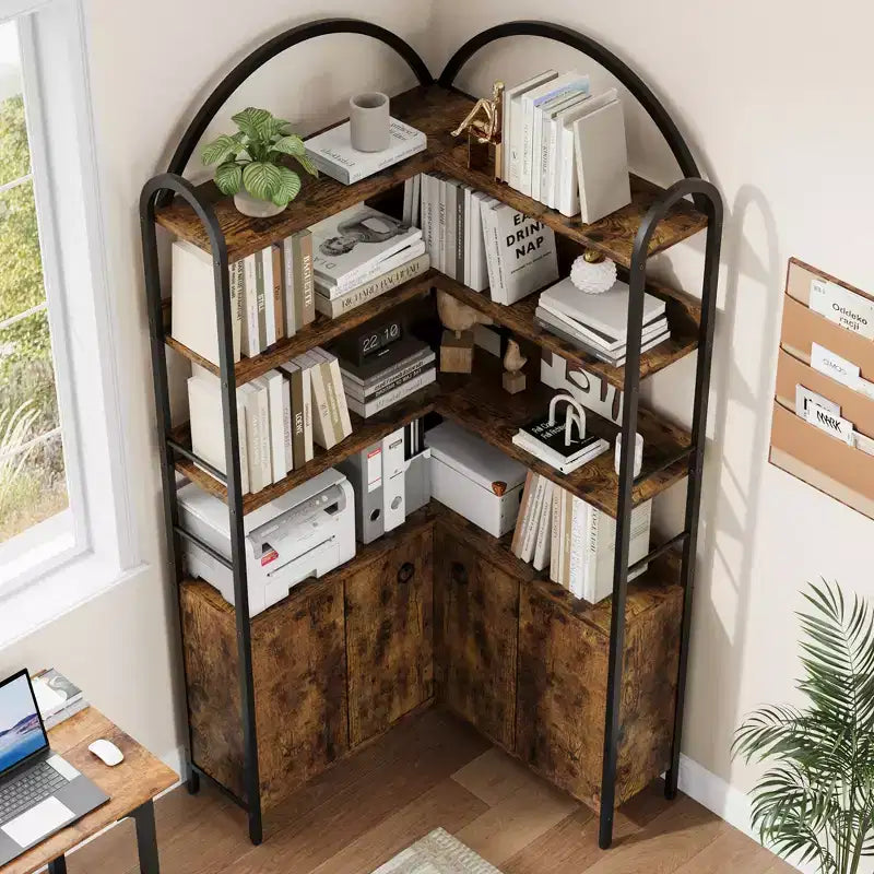 Garvee Corner Bookshelf with Storage, 74.5 Corner Bookcase with Cabinet, Arched L Shaped Bookshelf 6 Tier with Metal Frame for Living Room Bedroom