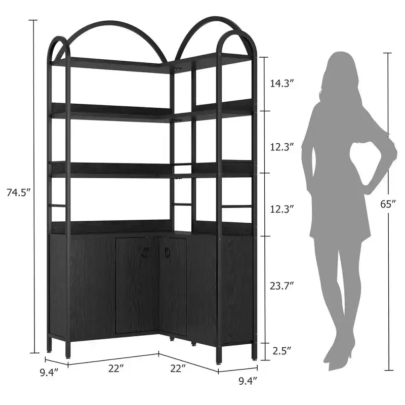 Garvee Corner Bookshelf with Storage, 74.5 Corner Bookcase with Cabinet, Arched L Shaped Bookshelf 6 Tier with Metal Frame for Living Room Bedroom