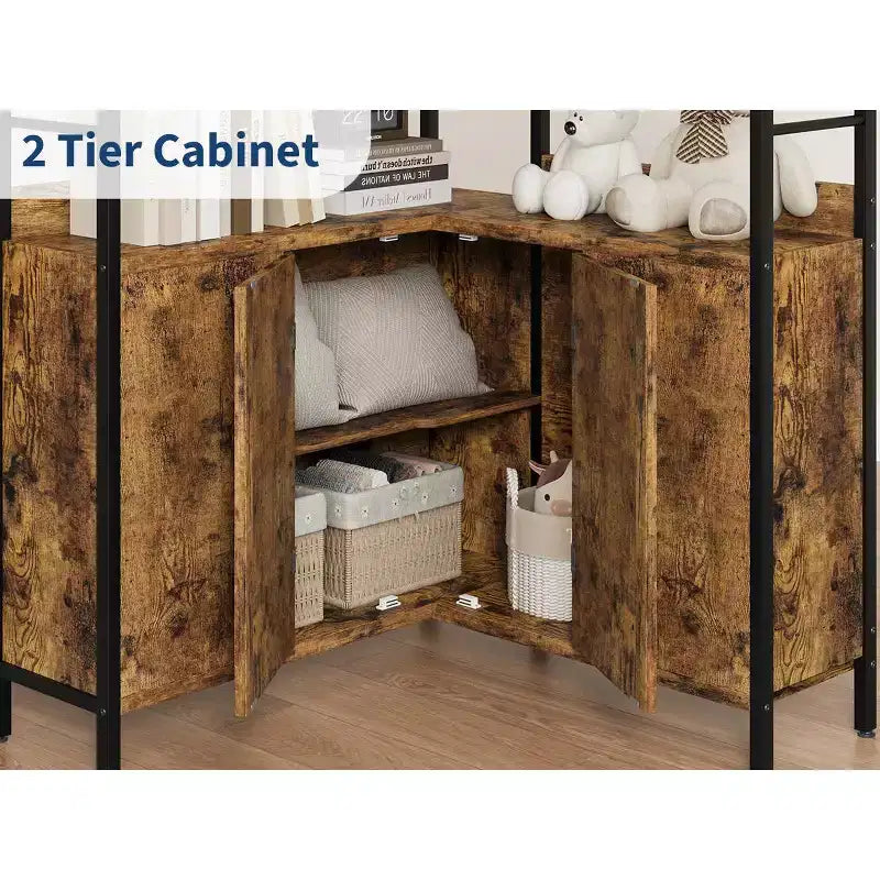 Garvee Corner Bookshelf with Storage, 74.5 Corner Bookcase with Cabinet, Arched L Shaped Bookshelf 6 Tier with Metal Frame for Living Room Bedroom