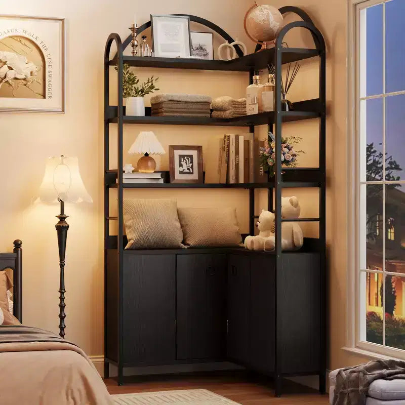 Garvee Corner Bookshelf with Storage, 74.5 Corner Bookcase with Cabinet, Arched L Shaped Bookshelf 6 Tier with Metal Frame for Living Room Bedroom
