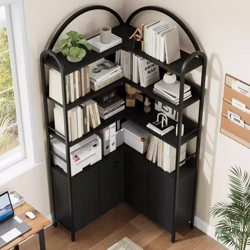 Garvee Corner Bookshelf with Storage, 74.5 Corner Bookcase with Cabinet, Arched L Shaped Bookshelf 6 Tier with Metal Frame for Living Room Bedroom
