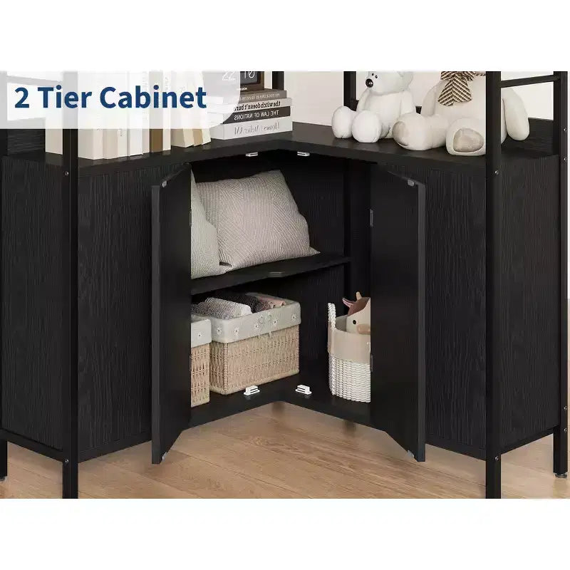 Garvee Corner Bookshelf with Storage, 74.5 Corner Bookcase with Cabinet, Arched L Shaped Bookshelf 6 Tier with Metal Frame for Living Room Bedroom
