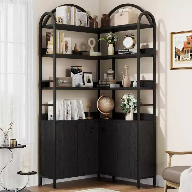 Garvee Corner Bookshelf with Storage, 74.5 Corner Bookcase with Cabinet, Arched L Shaped Bookshelf 6 Tier with Metal Frame for Living Room Bedroom