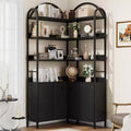 Garvee Corner Bookshelf with Storage, 74.5 Corner Bookcase with Cabinet, Arched L Shaped Bookshelf 6 Tier with Metal Frame for Living Room Bedroom