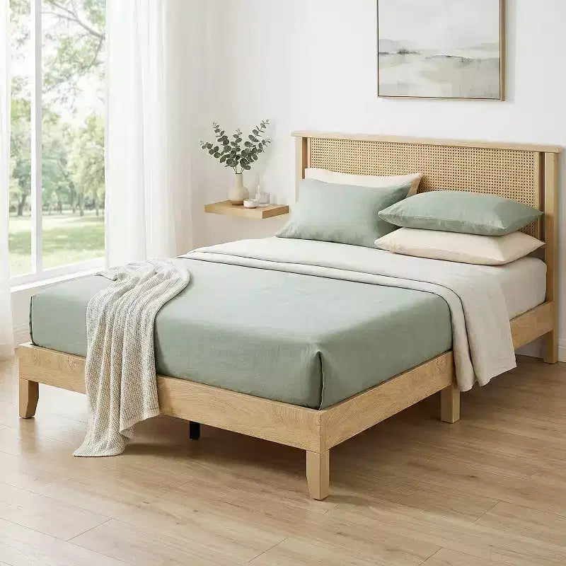 Dyonery Queen Size Rattan Wood Platform Bed Frame - Boho Natural Headboard, Sturdy Wooden Slats, Noise-Free, No Box Spring Needed, 800LBS Max Weight
