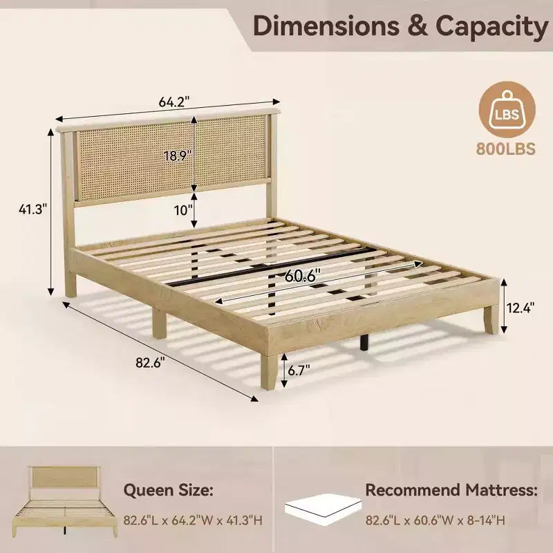 Dyonery Queen Size Rattan Wood Platform Bed Frame - Boho Natural Headboard, Sturdy Wooden Slats, Noise-Free, No Box Spring Needed, 800LBS Max Weight