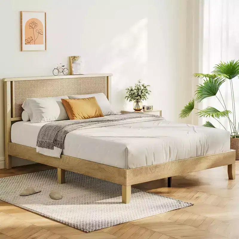 Dyonery Queen Size Rattan Wood Platform Bed Frame - Boho Natural Headboard, Sturdy Wooden Slats, Noise-Free, No Box Spring Needed, 800LBS Max Weight
