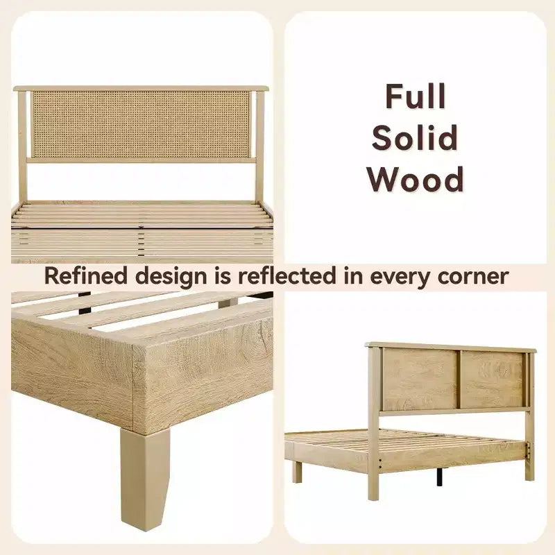 Dyonery Queen Size Rattan Wood Platform Bed Frame - Boho Natural Headboard, Sturdy Wooden Slats, Noise-Free, No Box Spring Needed, 800LBS Max Weight