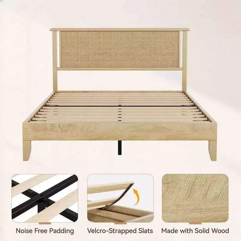 Dyonery Queen Size Rattan Wood Platform Bed Frame - Boho Natural Headboard, Sturdy Wooden Slats, Noise-Free, No Box Spring Needed, 800LBS Max Weight