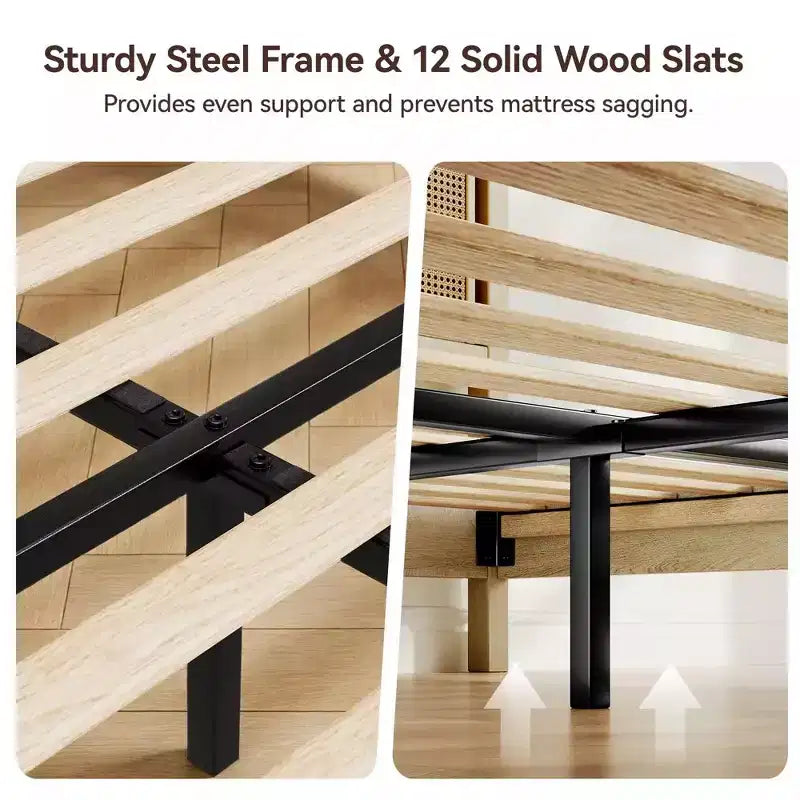 Dyonery Queen Size Rattan Wood Platform Bed Frame - Boho Natural Headboard, Sturdy Wooden Slats, Noise-Free, No Box Spring Needed, 800LBS Max Weight