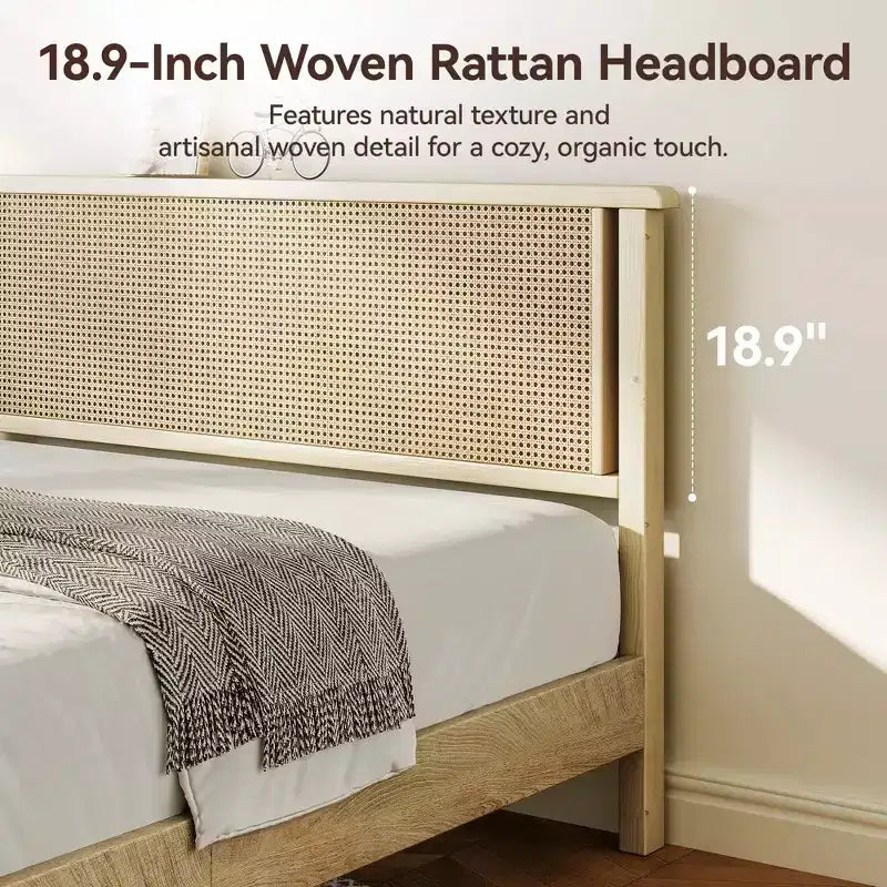 Dyonery Queen Size Rattan Wood Platform Bed Frame - Boho Natural Headboard, Sturdy Wooden Slats, Noise-Free, No Box Spring Needed, 800LBS Max Weight