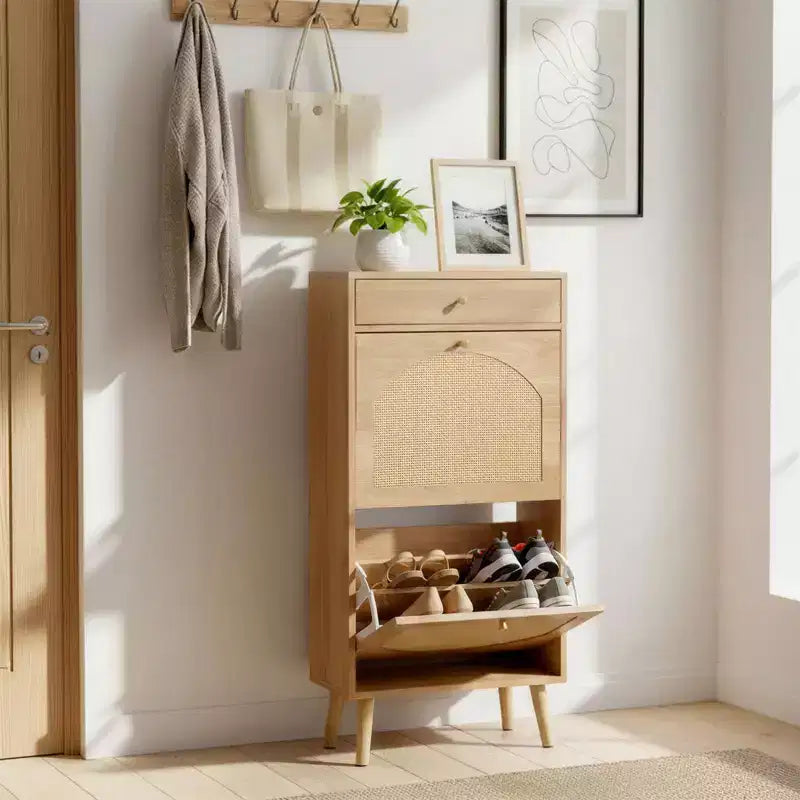 Karl Home Rattan Panel 1 Drawer 2 Flip-Drawer Shoe Cabinet Particleboard 21.26 W