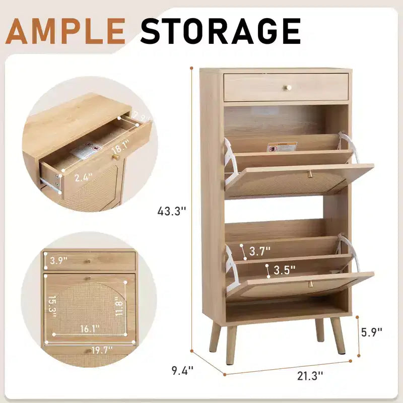 Karl Home Rattan Panel 1 Drawer 2 Flip-Drawer Shoe Cabinet Particleboard 21.26 W