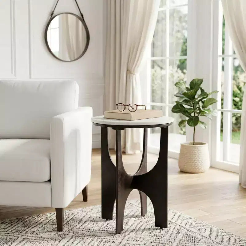 Contemporary Round Marble Top Accent Side Table with Metal Base for Home Decor - Sculptural Narrow End Table for Small Spaces - 22, White & Bronze