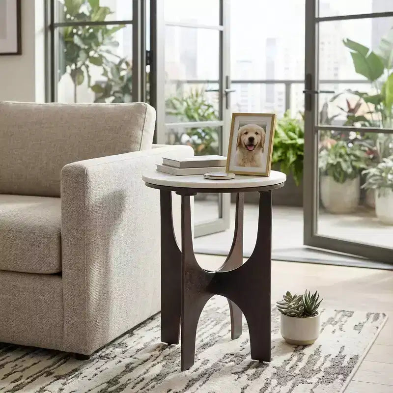 Contemporary Round Marble Top Accent Side Table with Metal Base for Home Decor - Sculptural Narrow End Table for Small Spaces - 22, White & Bronze