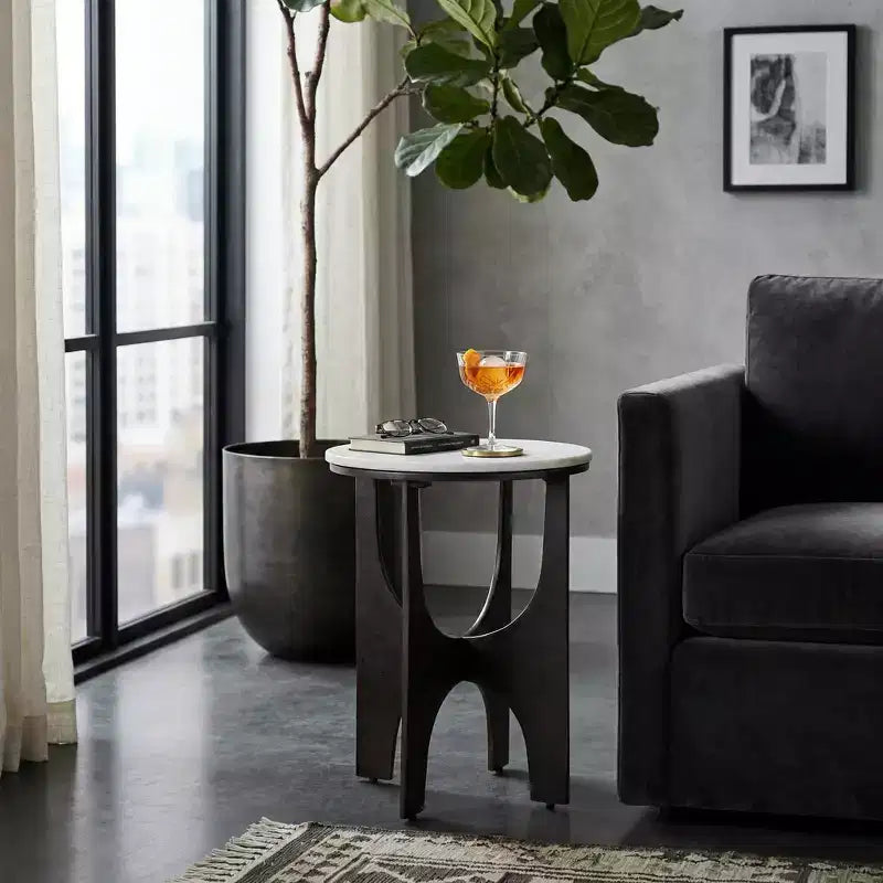 Contemporary Round Marble Top Accent Side Table with Metal Base for Home Decor - Sculptural Narrow End Table for Small Spaces - 22, White & Bronze