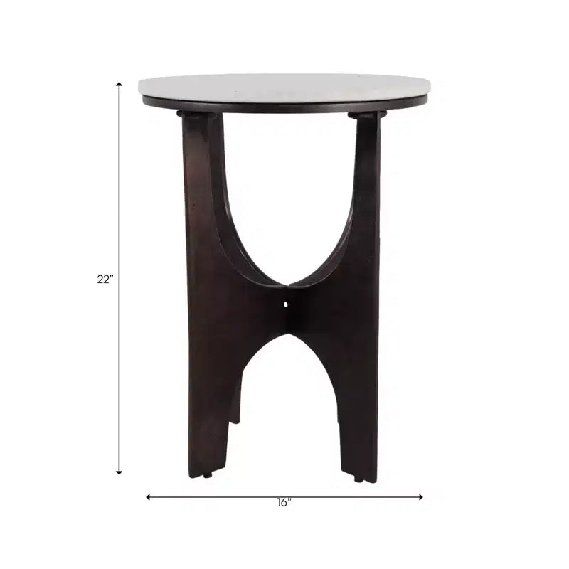 Contemporary Round Marble Top Accent Side Table with Metal Base for Home Decor - Sculptural Narrow End Table for Small Spaces - 22, White & Bronze
