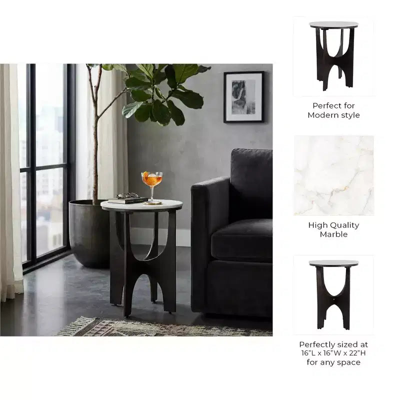 Contemporary Round Marble Top Accent Side Table with Metal Base for Home Decor - Sculptural Narrow End Table for Small Spaces - 22, White & Bronze
