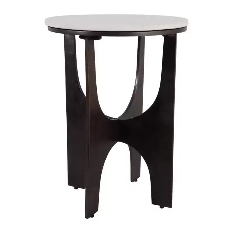 Contemporary Round Marble Top Accent Side Table with Metal Base for Home Decor - Sculptural Narrow End Table for Small Spaces - 22, White & Bronze