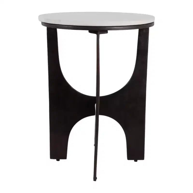 Contemporary Round Marble Top Accent Side Table with Metal Base for Home Decor - Sculptural Narrow End Table for Small Spaces - 22, White & Bronze
