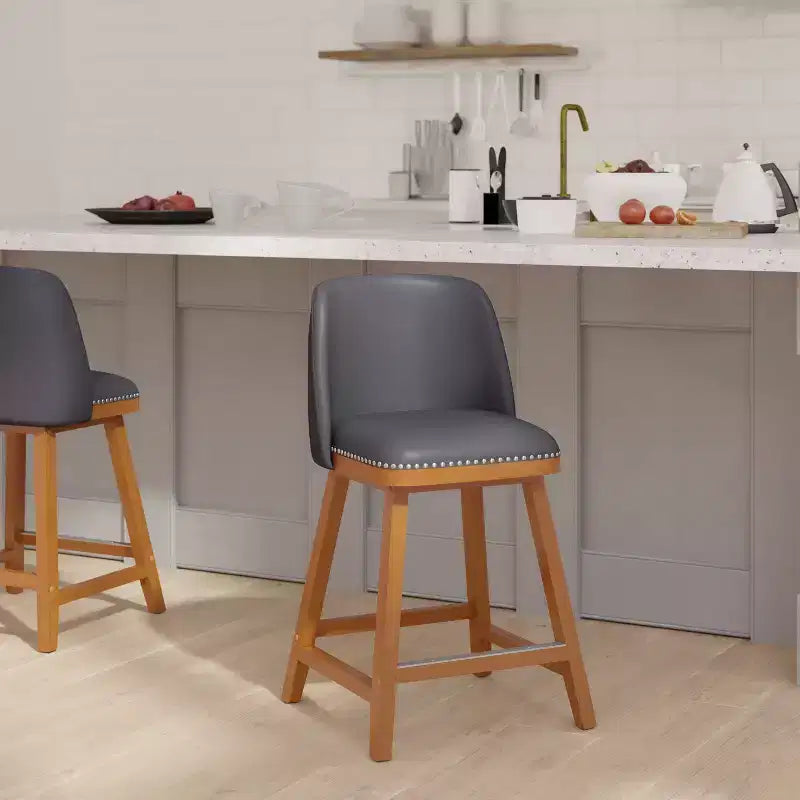 Emma and Oliver Upholstered Mid-Back Stools with Nailhead Accent Trim & Wood Frames