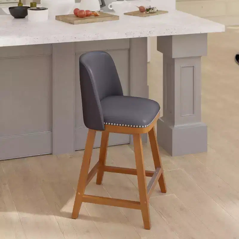Emma and Oliver Upholstered Mid-Back Stools with Nailhead Accent Trim & Wood Frames