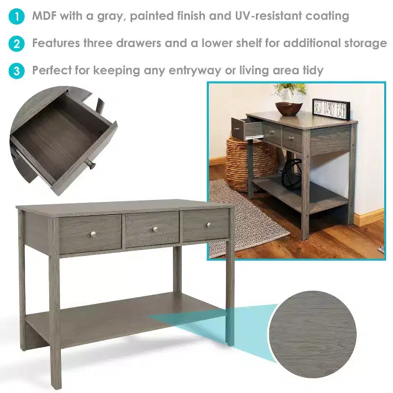 Sunnydaze MDF Indoor Entryway Console Table with 3 Drawers - 30 H - Thunder Gray