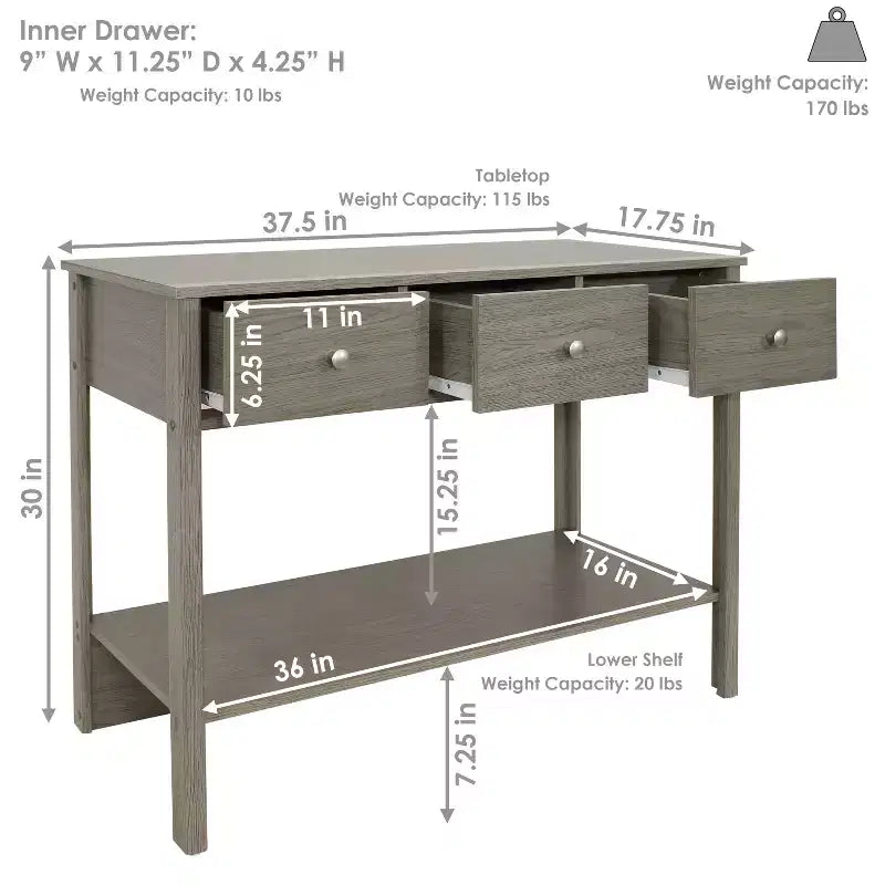 Sunnydaze MDF Indoor Entryway Console Table with 3 Drawers - 30 H - Thunder Gray