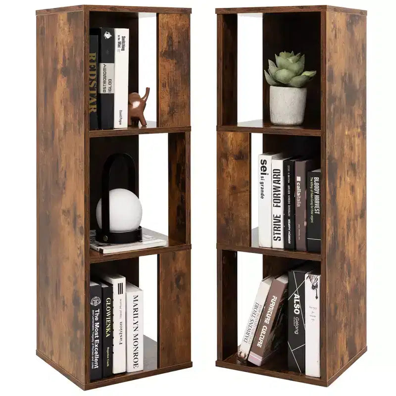 Costway 2 PCS 3-tier Wood Bookshelf Display Storage Rack for Small Spaces White/Rustic Brown