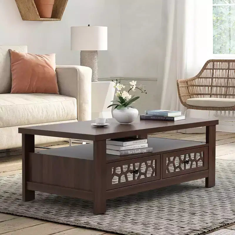 Costway Coffee Table with2 Drawers & Open Shelf Modern Rectangular Wood Living Room Table