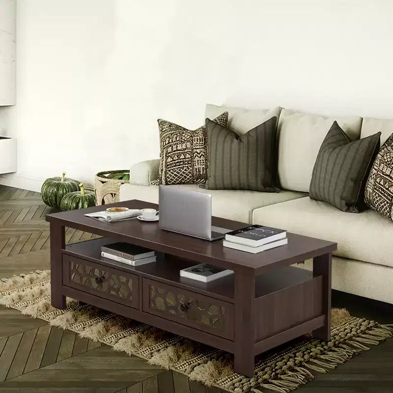 Costway Coffee Table with2 Drawers & Open Shelf Modern Rectangular Wood Living Room Table