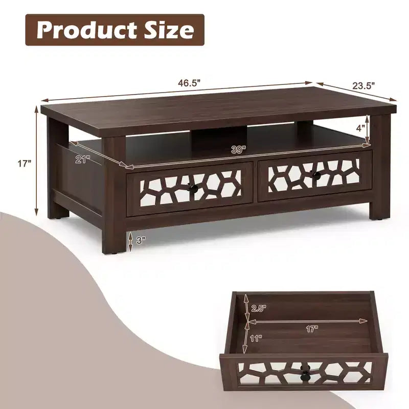 Costway Coffee Table with2 Drawers & Open Shelf Modern Rectangular Wood Living Room Table