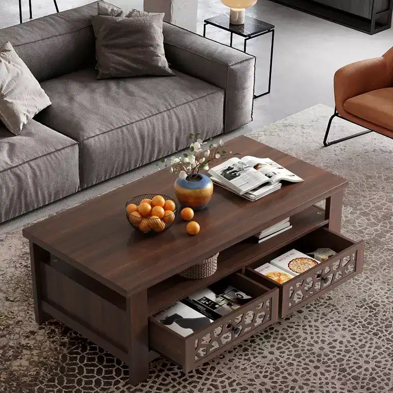 Costway Coffee Table with2 Drawers & Open Shelf Modern Rectangular Wood Living Room Table
