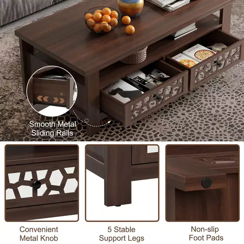 Costway Coffee Table with2 Drawers & Open Shelf Modern Rectangular Wood Living Room Table