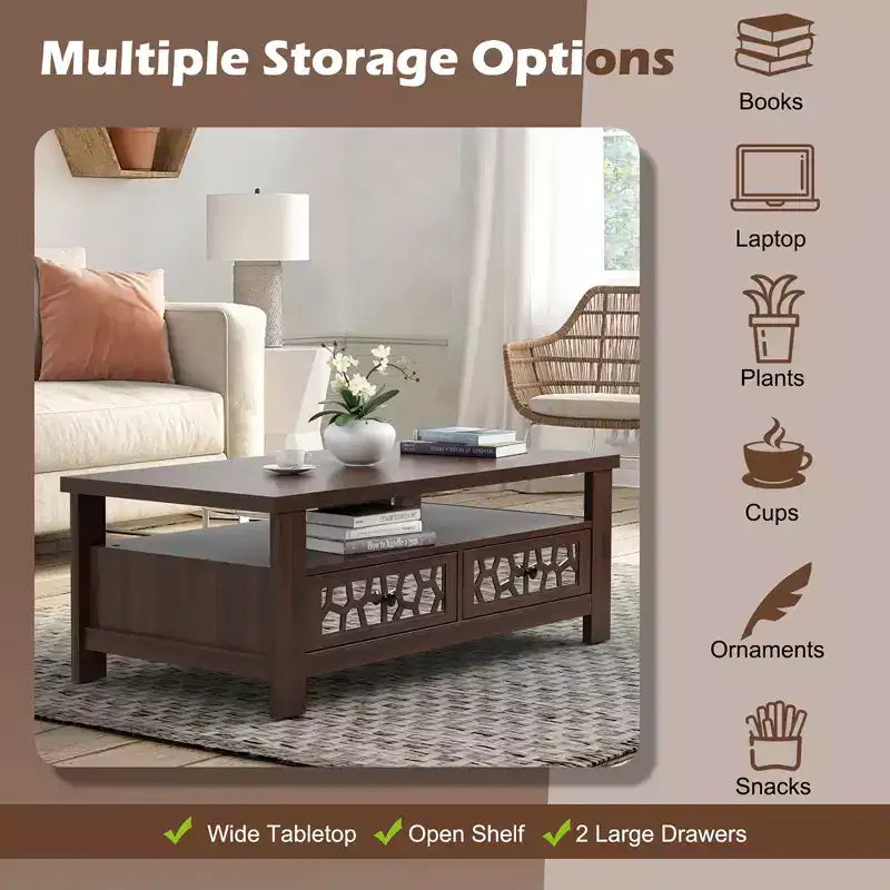 Costway Coffee Table with2 Drawers & Open Shelf Modern Rectangular Wood Living Room Table