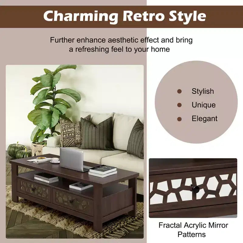 Costway Coffee Table with2 Drawers & Open Shelf Modern Rectangular Wood Living Room Table